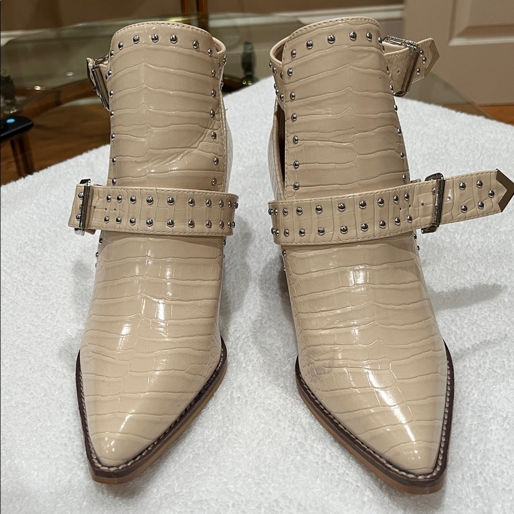 Studded Cream Croc-Embossed Ankle Boots